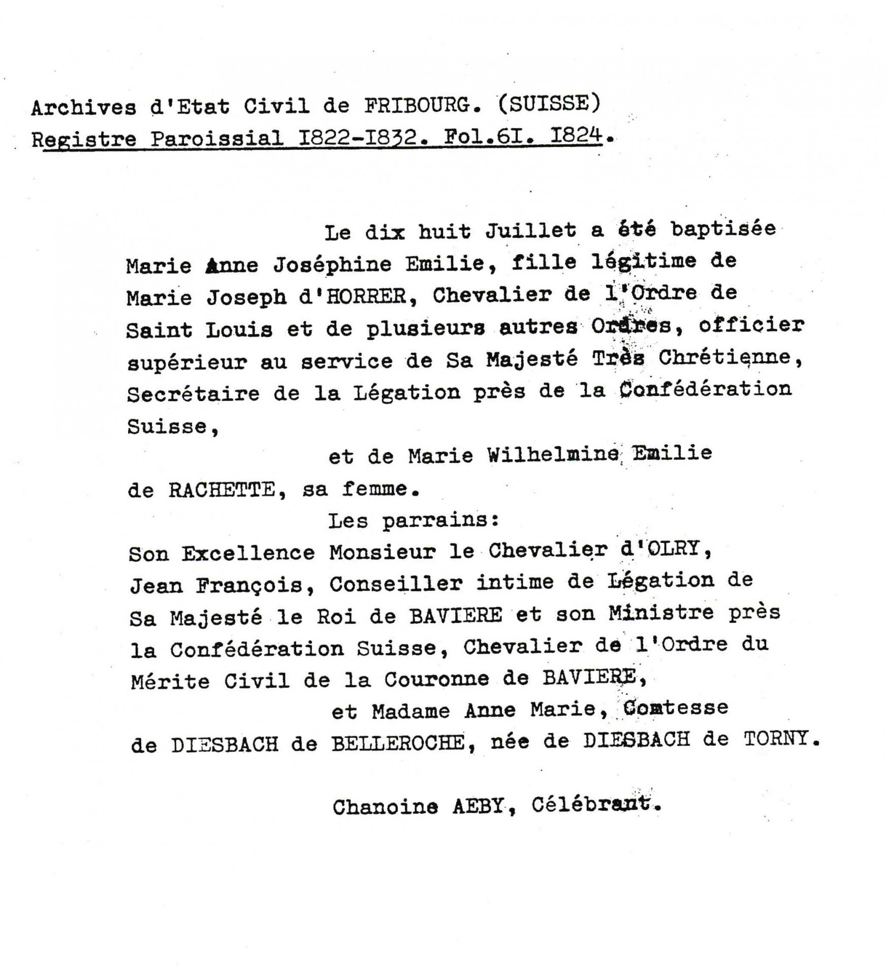 Doc-15 : Acte de baptême d'Emilie d'Horrer (Fribourg)